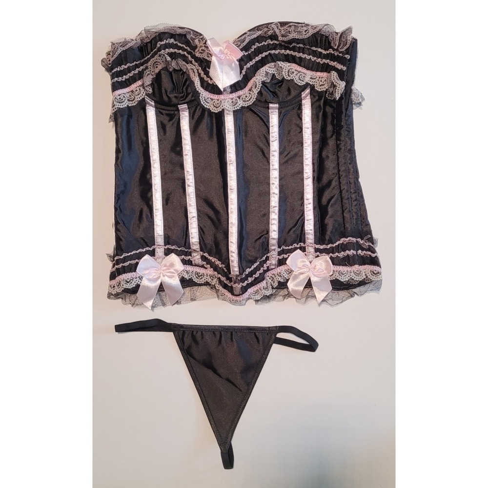 Women Lace Up Black & Pink Bustier Corset Overbust Burlesque Top Waist Cincher